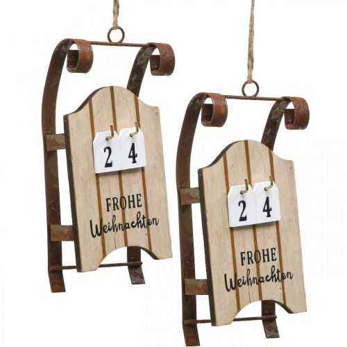 Calendrier de l&#39;avent traîneau décoratif en bois rouille L14.5cm 2pcs