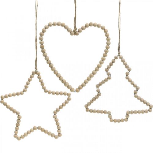 Suspension déco Noël perles en bois coeur arbre étoile H16cm 3pcs