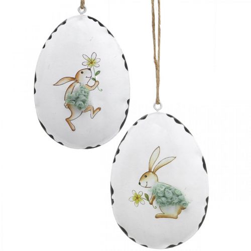 Floristik24 Oeufs avec lapin, oeufs de Pâques à suspendre, décoration métal blanc H10,5cm 4pcs