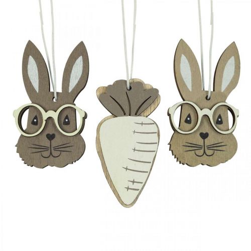Pendentif en bois lapin avec lunettes carotte marron beige 4×7.5cm 9pcs