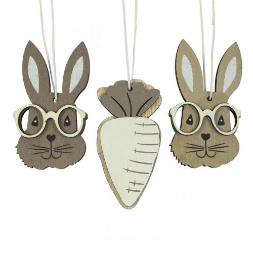 Floristik24 Pendentif en bois lapin avec lunettes carotte marron beige 4×7.5cm 9pcs