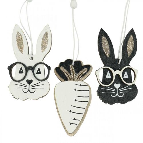 Floristik24 Pendentif en bois lapin avec lunettes carotte paillettes 4×7,5cm 9pcs