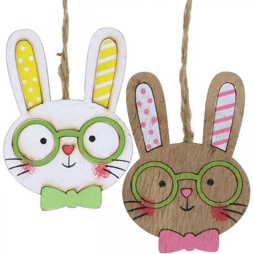Floristik24 Décoration de lapin de Pâques amusante tête de lapin en bois à suspendre 7,5 cm 12 pcs