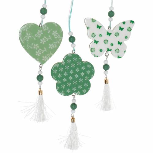 Floristik24 Décoration à suspendre coeur fleur papillon blanc, décoration de printemps en bois vert 6 pcs