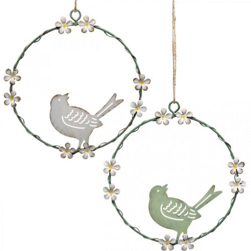 Floristik24 Couronne avec oiseau, décoration en métal à suspendre, printemps blanc/vert Ø14,5cm lot de 2