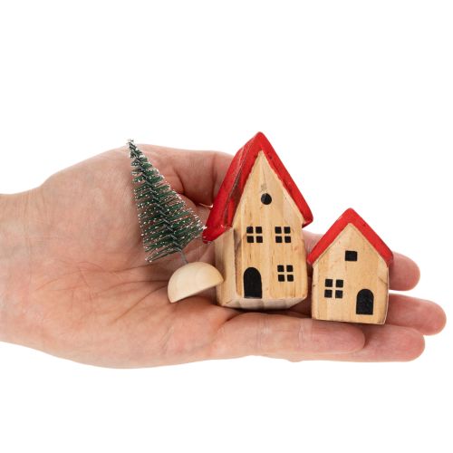 Ensemble de maisons décoratives en bois avec toits rouges et sapins, 12 cm, 6 pièces | Floristik24.be