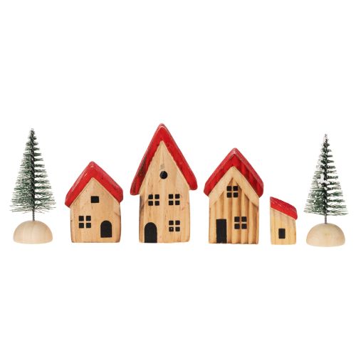Ensemble de maisons décoratives en bois avec toits rouges et sapins, 12 cm, 6 pièces | Floristik24.be