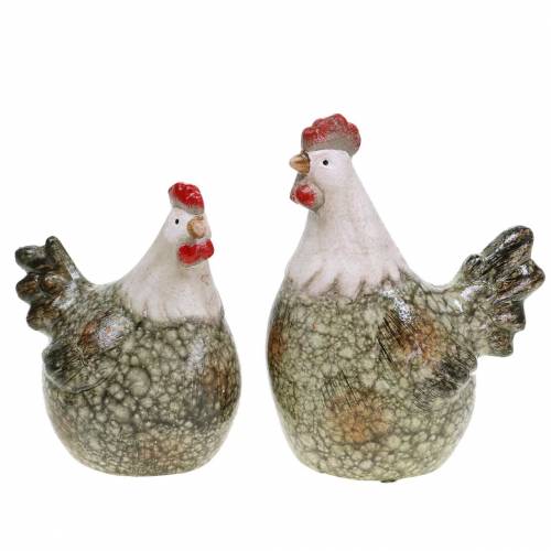 Figurines décoratives poule et coq gris, blanc, rouge 10,2  cm x 7 cm H12,7 cm 2 pièces-68220