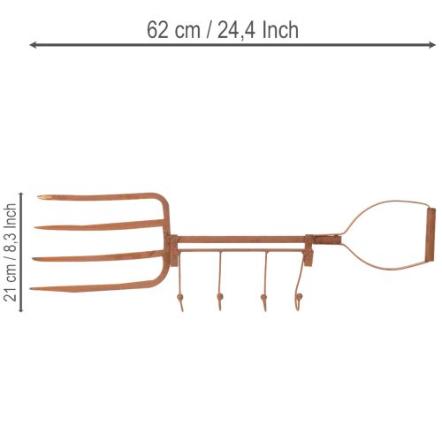 Barre à crochets en métal rouillé, fourche à foin décorative, décoration de jardin, 4 crochets, 62 cm | Floristik24.be