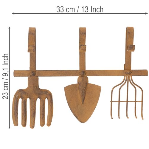 Barre à crochets pour outils de jardin, décorations de jardin, râteau, bêche et houe ; porte-manteau en métal rouillé, L33,5 cm | Floristik24.be