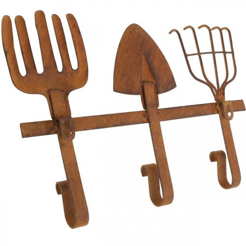 Article Crochet barre outils de jardin, décoration jardin, râteau bêche râteau, armoire en métal patiné L33.5cm