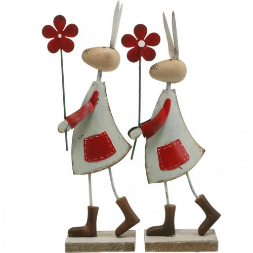 Article Décoration de Pâques, lapin en métal, décoration printanière, lapin de Pâques avec fleur rouge, beige H21cm 2pcs