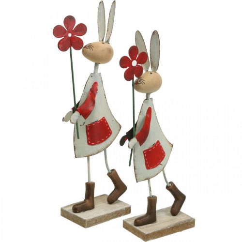 Décoration de Pâques, lapin en métal, décoration printanière, lapin de Pâques avec fleur rouge, beige H21cm 2pcs