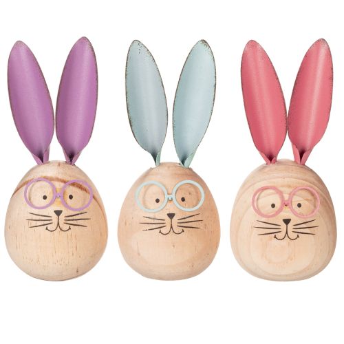 Article Figurines décoratives de lapins en bois avec visages pour une touche ludique sur les tables et les étagères, 14 cm, lot de 3