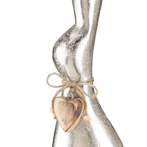 Article Lapin décoratif argenté sur socle en bois – Elégante figurine de Pâques avec pendentif coeur H60cm