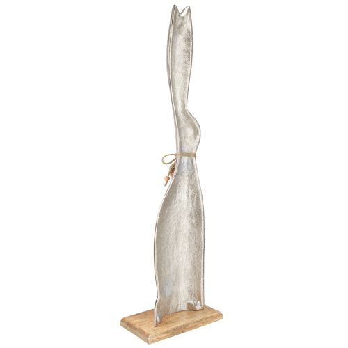 Article Lapin décoratif argenté sur socle en bois – Elégante figurine de Pâques avec pendentif coeur H60cm