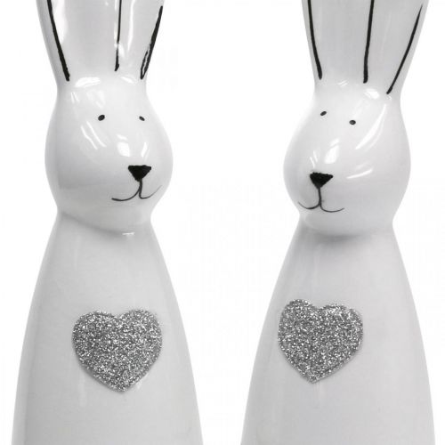 Lapin en céramique noir et blanc, décoration lapin de Pâques paire de lapins avec coeur H20,5cm 2pcs