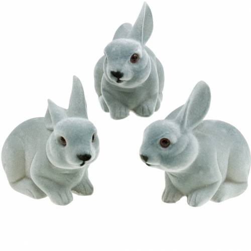 Floristik24 Figurine déco lapin gris, décoration printanière, lapin de Pâques assis floqué 3pcs