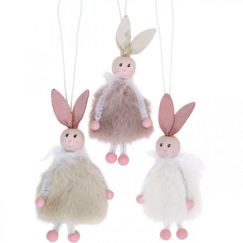 Floristik24 Lapins, décorations de Pâques, pendentifs printaniers, lapins de Pâques à suspendre beige, rose, blanc H12,5cm 3pcs