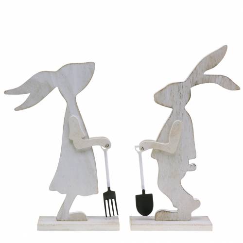 Lapin avec outils de jardin bois blanc H28/30,5cm lot de 2