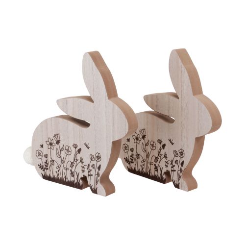 Lapin en Bois Assis Motif Fleur Blanc Naturel 24×24cm 2 pcs