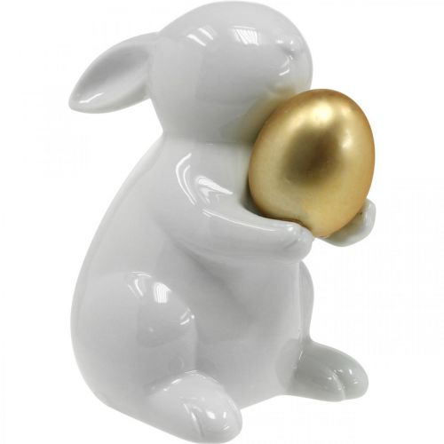 Lapin avec oeuf doré en céramique, décoration de Pâques blanc élégant, doré H15cm