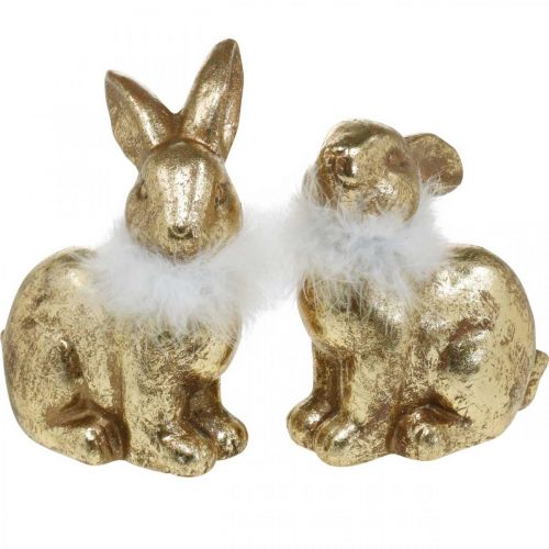 Lapin doré assis terre cuite dorée avec plumes H20cm 2pcs