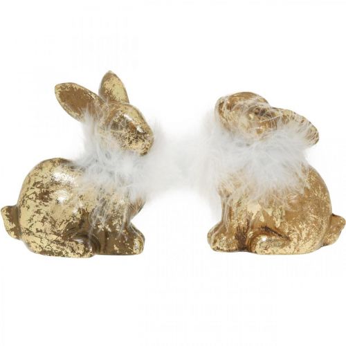 Article Lapin doré assis en terre cuite dorée avec plumes H10cm 4 pcs