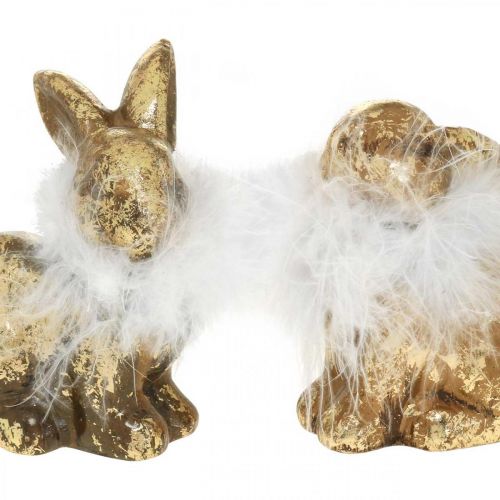 Article Lapin doré assis en terre cuite dorée avec plumes H10cm 4 pcs