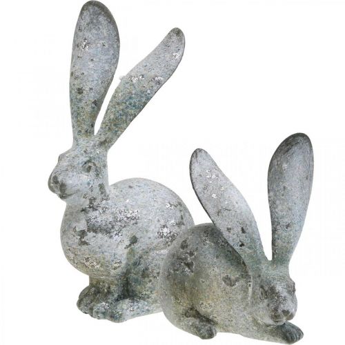 Floristik24 Lapin décoratif, figurine de jardin aspect béton, shabby chic, décoration de Pâques aux accents argentés H21/14cm lot de 2