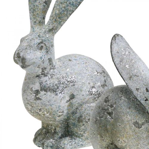 Lapin décoratif, figurine de jardin aspect béton, shabby chic, décoration de Pâques aux accents argentés H25cm lot de 2