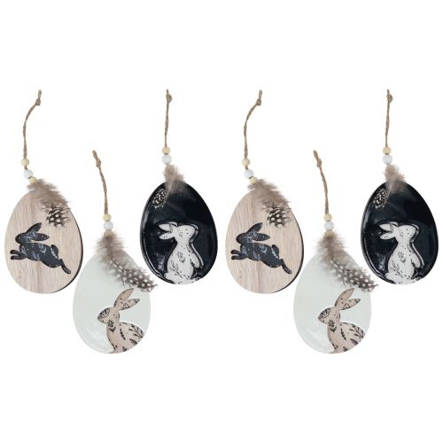Article Lapin dans l&#39;oeuf oeufs de Pâques en bois à suspendre blanc noir 10cm 6 pcs