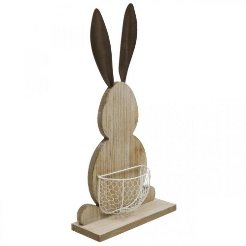 Lapin en bois avec panier, décoration printanière, lapin de Pâques avec panier végétal nature, blanc H48cm