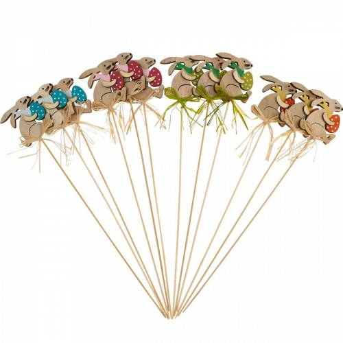 Floristik24 Lapin avec oeuf de Pâques sur un bâton, bouchon de fleur de lapin de Pâques, décoration en bois de Pâques, bouchon décoratif, décoration florale 12pcs