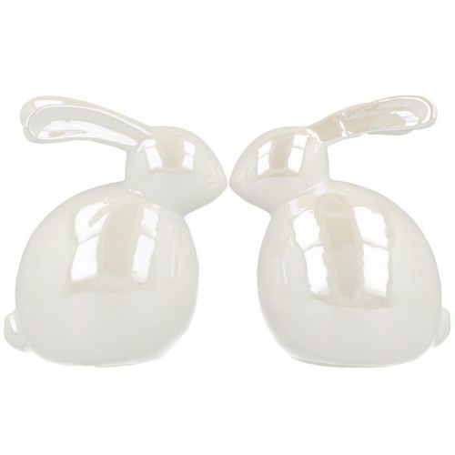 Floristik24 Lapin décoratif, décoration de Pâques, lapin de Pâques en céramique blanc, nacre H9,5cm 4pcs