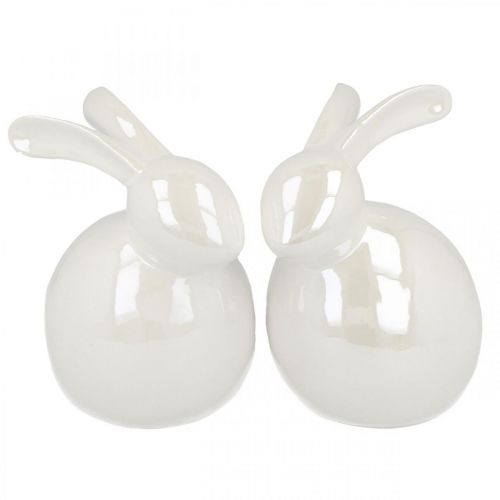 Floristik24 Lapin de Pâques, décoration printanière, lapin déco blanc, nacre H12,5cm 2pcs