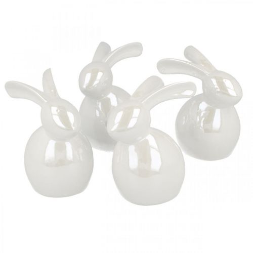 Floristik24 Lapin décoratif, décoration de Pâques, lapin de Pâques en céramique blanc, nacre H9,5cm 4pcs
