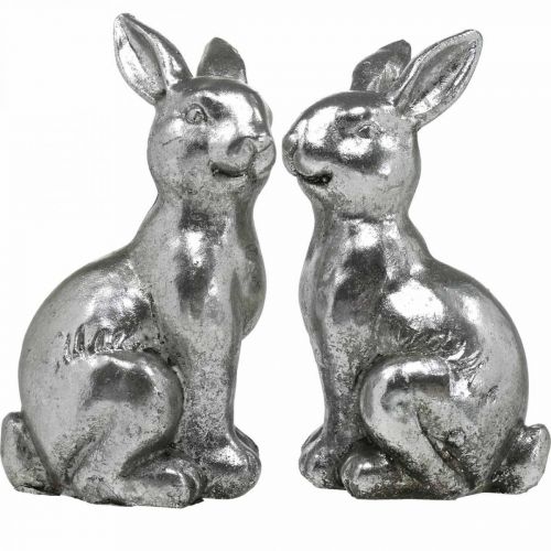 Article Lapin décoratif assis décoration de Pâques argent vintage H13cm 2 pcs