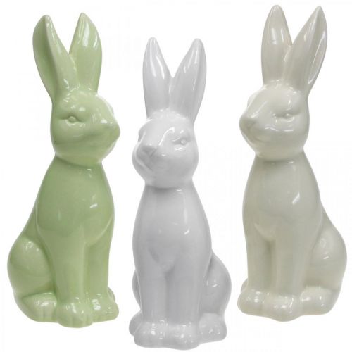 Article Lapin de Pâques en porcelaine assis blanc, crème, vert H18cm 3pcs