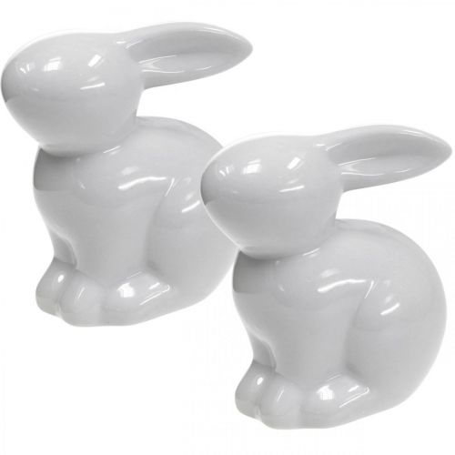 Lièvre décoratif lapin de Pâques blanc en céramique assis H8,5cm 4pcs