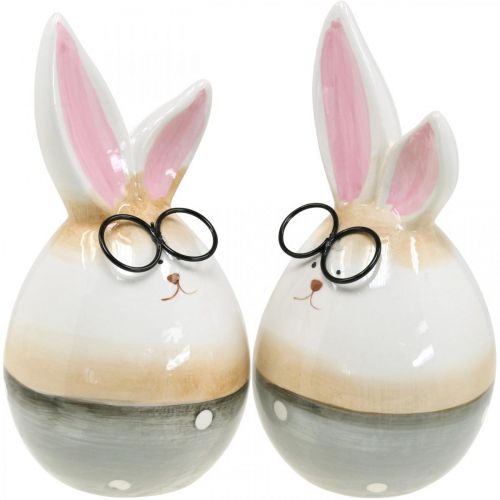 Lapins de Pâques en céramique avec verres, décoration de Pâques paire de lapins H19cm 2pcs