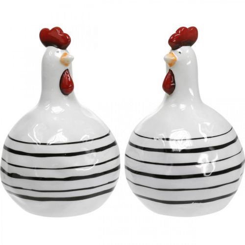 Poulet décoratif en céramique rayé noir et blanc Pâques H17cm 2pcs