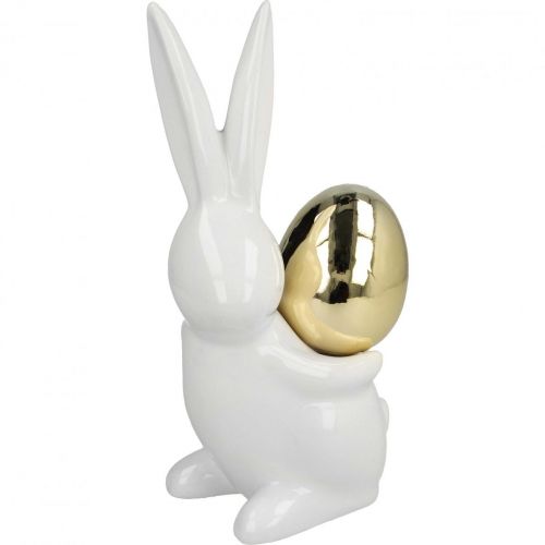 Lapins de Pâques élégants, lapins en céramique avec oeuf doré, décoration de Pâques blanc, doré H18cm 2pcs