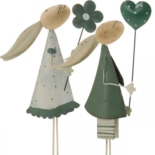 Floristik24 Décoration de table de Pâques en métal Printemps Lapin de Pâques Couple Décoration de table Vert Beige L29.5/31.5cm Lot de 2