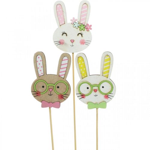Floristik24 Décoration de lapin de Pâques amusante, tête de lapin sur bâton, décoration florale 7cm, 12 pièces