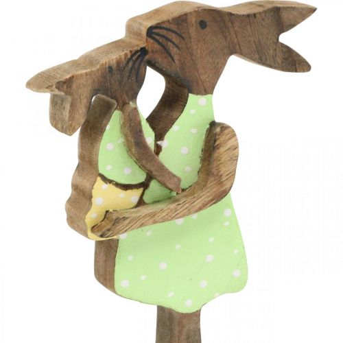 Article Lapin maman avec enfant, décoration de Pâques, printemps, lapin de Pâques en bois, naturel, vert, jaune H22cm