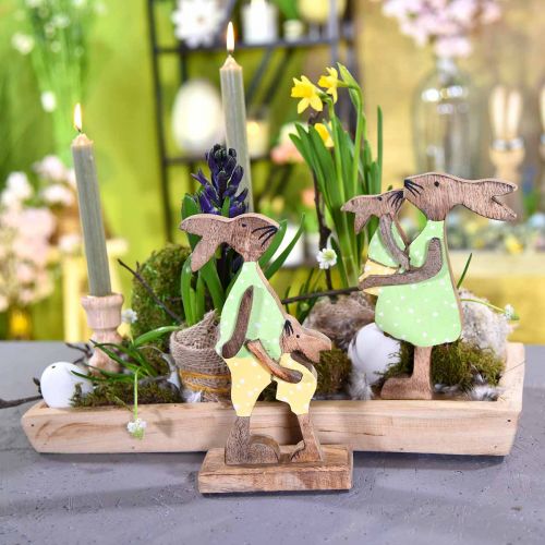 Article Lapin maman avec enfant, décoration de Pâques, printemps, lapin de Pâques en bois, naturel, vert, jaune H22cm