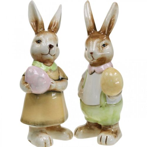 Floristik24 Déco lapin de Pâques avec oeuf, décoration de Pâques couple de lapins, céramique, H24cm 2pcs