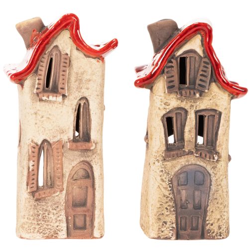 Maison décorative en céramique avec toit rouge, maison lumineuse, 15 cm, lot de 2 | Floristik24.be