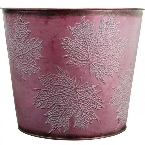 Article Pot d'automne, seau à plantes, décoration en métal avec feuilles rouge vin Ø25,5cm H22cm